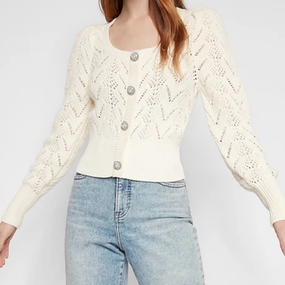 Express Loose Knit Crystal & Pearl Buttoned Cardigan - Picture 3 of 17